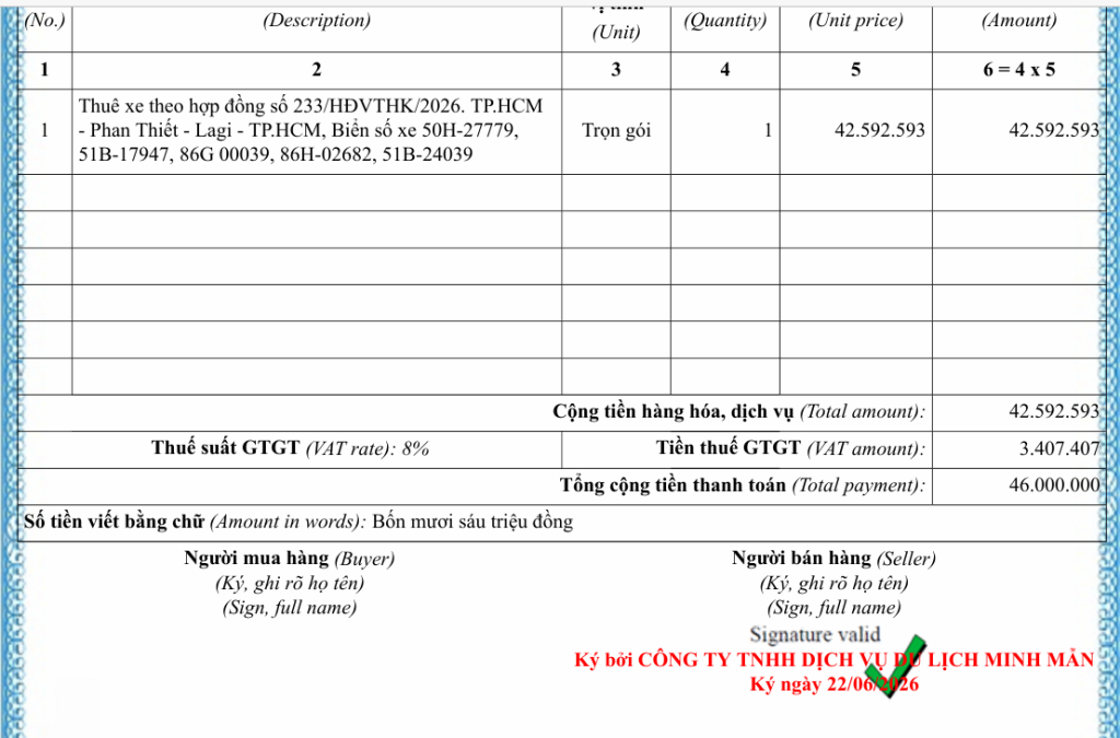 hoá đơn dịch vụ thuê xe cty minh mẫn